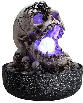 Gothic Skull Tabletop Water Fountain with LED Color Changing Light, Halloween Indoor Tabletop Water Feature, Halloween Decor with Spider