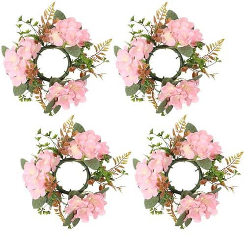 Fyearfly 4 anillos de vela de hortensias artificiales rosas para candelabro, decoración de centro de mesa para el hogar