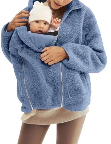 Kvinnor moderskapsjacka 2-i-1 babyjacka vinter varm nallebjörn rockar fluffig fleecejacka tjock varm moderskapskappa för kvinnor, BLÅ, 3XL