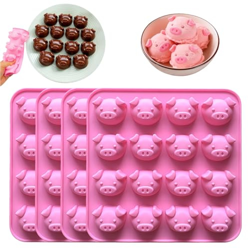 YEJAHY 4 Moldes de Silicona de Cerdo, 16 Compartimentos, Rosa, Antiadherentes para Chocolate, Jalea, Cubitos de Hielo y Hornear, Accesorios para Dulces DIY