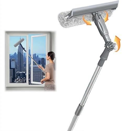 Escobilla de ventana de 47 pulgadas con poste de extensión, limpiador telescópico de ventanas con paños de microfibra, herramienta 2 en 1, cabezal de ángulo ajustable para limpieza de ventanas altas