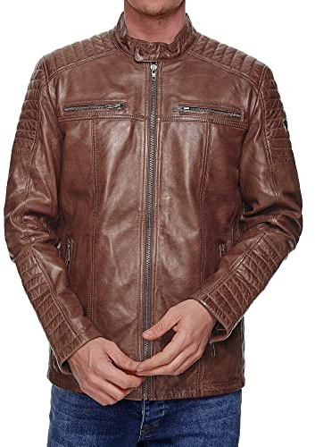 Tazzio 19709 Herrjacka, läderjacka, äkta läder, biker, övergångsjacka, BRUN, M
