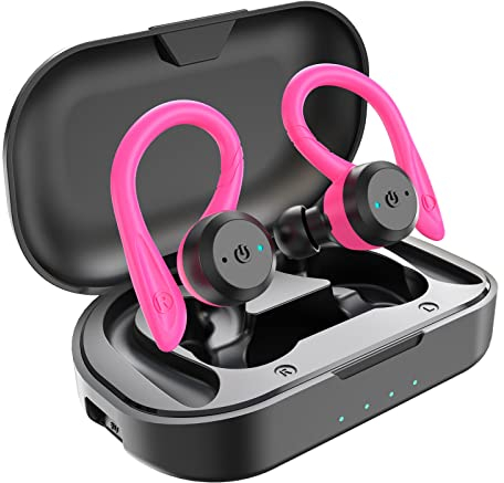 APEKX Auriculares Inalámbricos Bluetooth V5.0 Graves Mejorados, Deportivos IPX7 Impermeables Over Ear Earbuds 4 + 16H Tiempo de reproducción Sonido Estéreo con Microfono Incorporado Rosa