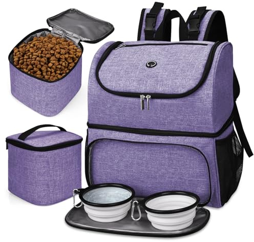 BAGLHER 丨Pet Travel Bag, Double-Layer Pet Supplies Backpack (for All Pet Travel Supplies), Pet Travel Backpack with 2 Silicone Collapsible Bowls and 2 Food Baskets. (Patent Pending) Purple
