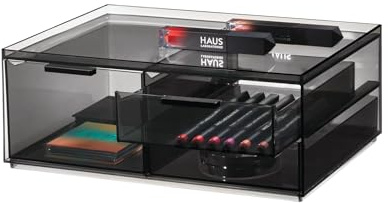 iDesign 3-Drawer Makeup Box from the Signature Series by Sarah Tanno, Wide RPET Makeup Organiser Storage, Makeup Storage, Smoke/Matte Black, 30.45/20.32/11.43
