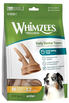 WHIMZEES by Wellness Antler, geweihförmiger Hundesnack für mittelgroße Hunde, Größe M, 12 Stück, wirkt ruhigend, ohne Zuckerzusatz, getreidefrei, natürlich, fettarm