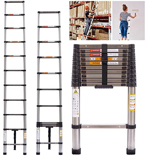 Escalera telescópica de 3,2 m, multiusos, plegable, de acero inoxidable, extensible, portátil, para loft, 11 peldaños de diseño compacto, escalera telescópica plegable, capacidad de 150 kg, estándar