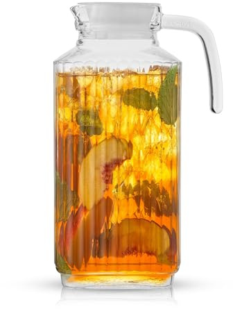 JoyJolt 60oz Glass Pitcher with Lid (2 Lids) - Beverage Serveware and Storage Container for Cold Drinks and Liquids. Juice Container, Water Jug, Fridge Pitcher for Iced Tea or Milk