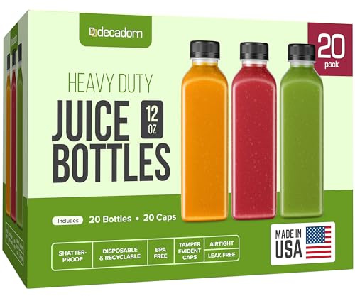 DECADORN 12oz 20pcs Juice Bottles With Caps - MADE IN USA Juice Containers With Lids For Fridge - Juicer Bottles With Tamper Evident Caps, Shatterproof, BPA-Free, Leak proof, Disposable & Recyclable