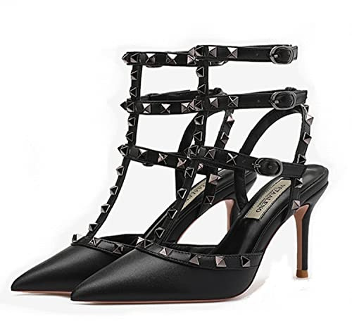 WOkismD Tacones con Tachuelas con Remaches para Mujer, Correa en T, Puntiagudos, Puntiagudos, Tacones de Aguja, Tacones Altos, Tacones de Gatito, Zapatos de tacón para Boda, Vestido de Novia,Negro,36