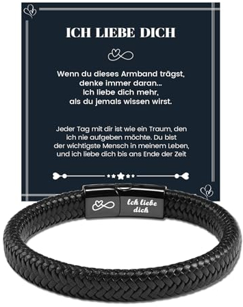 MANVEN Armband für Männer Geschenk für Ihn Lederarmband Herren mit Gravur Ich Liebe Dich Valentinstag Geburtstagsgeschenk Geschenk für Ihn Freund Mann Ehemann Jahrestag Weihnachten 21.5cm