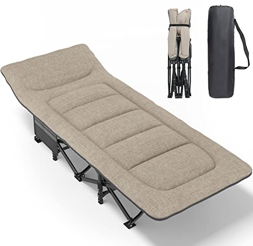 ATORPOK SHOP Camp Beds for Adults with Cushion and Pillow, Portable Travel Camping Cot for Sleeping, Lightweight Tent cot with Carry Bag Supports 450 lbs (Khaki)