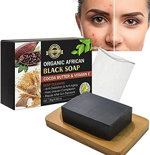 Organic Black Cocoa Butter Deep Cleansing Soap, 120g African Black Soap Cocoa Butter with Vitamin E, Shea Moisture African Black Soap For Natural Face Soap & Body Soap, for All Skin Types (2pcs)