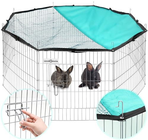 Freigehege für Kleintiere mit Tür Netz, Sonnenschutz, Metallgitter verzinkt, Freilauf Auslauf Freilaufgehege Gitter für Kaninchen Meerschweinchen Hasen Welpen, Ø 151cm, Umfang 464cm, Element 58x58cm