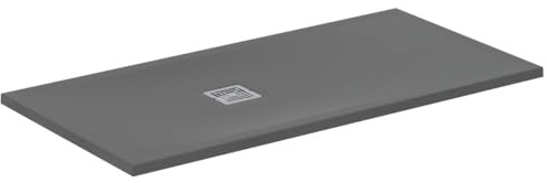 Ideal Standard - Ultra Flat S+, rechteckige ultradünne Duschwanne aus Kunstharz in Steinoptik, 140 x 70 cm, Ideal Solid, Ablauf kurze Seite, betongrau