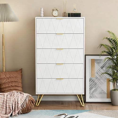 UEV Byrå med 5 skoställ, 60 x 34 x 110 cm skänk, modern (vit) | Förvaringsbord, skåp med lådor lådskåp komodskåp smalt för vardagsrum sovrum hall