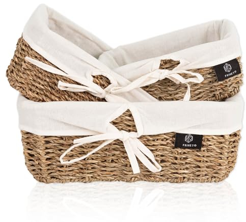 FRIHET Lot de 3 corbeilles à pain rectangulaires en jonc de mer - Corbeille à pain rustique avec tissu de style scandinave - Panier tressé avec tissu en lin - Panier de rangement en métal solide