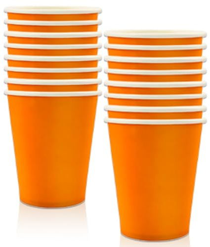 MORAINJAY 16 stycken orange pappersmuggar, 250 ml papper orange festmugg dryckeskoppar, koppar för bröllop festtillbehör, muggar för varma och kalla drycker, kaffe, te, födelsedag, barnfest
