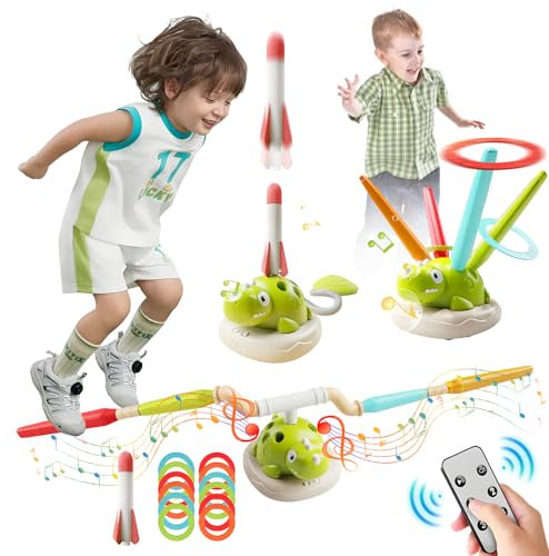 RoserRose 3 en 1 Jeux Exterieur Enfant - Fusée à Pédales Jeu, Musical Sauter, Lancer d’Anneaux, Jouet Exterieur Enfant avec Télécommande, 4 Vitesses - Cadeaux pour Garçons Filles 3 4 5 6 7 8 Ans