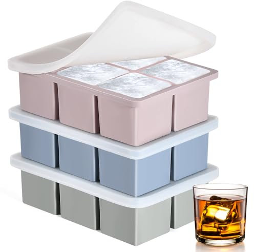 3 Pack Large Silicone Ice Cube Trays for Whiskey, Easy Release 2 inch Cube Ice Trays for Cocktail Whisky, Stackable Ice Cube Trays for Freezer with Leak Proof Removable Lid