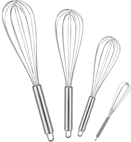 Juego de 4 batidores de cocina de acero inoxidable profesional de 21 cm, 26 cm, 29 cm, batidor para mezclar, batir la masa, huevos, batidor de huevos, espumar y plata