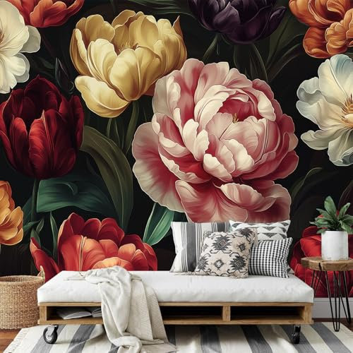 MIATCENRT 3D Barroco Pintura Al Óleo Papel Tapiz Fotográfico, Efecto Tulipanes Peonías Papel Pintado Pared para Salón 150Anx105Al cm, Ideal para la Decoración de Comedores, Salones, Dormitorio