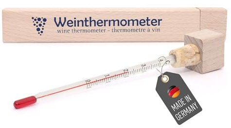 Lantelme Termometro da vino in vetro in scatola di legno, 17 cm, indicatore di temperatura da 0 a 40 °C, analogico, misurazione della temperatura di vino spumante, champagne | per bottiglie di vino