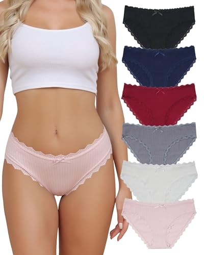 Levao 6 Pack Cotton Underwear Women Lace Waistband Full Briefs Stretchy Ladies High Leg Knickers Soft Hipster Sexy Panties Multipack S-XXL