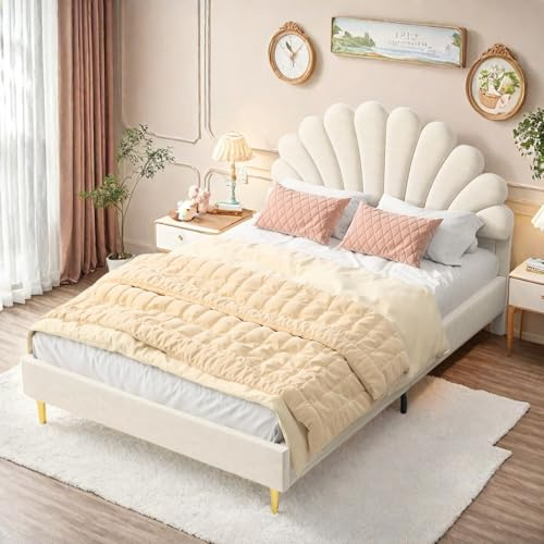 Lit Double Enfant 140x200 cm, Lit Enfant Fille avec Tête de Lits Réglable en Hauteur en Forme de Pétale, Lits Rembourré 2 Personne pour Enfants Fille Adolescent, Sommier à Lattes, Velours (Beige)
