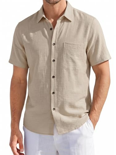 HISDERN Camisa de Lino Hombre Manga Corta Verano Casual Algodón Mezcla Regular Fit Camisa de Playa con Bolsillo Linen Shirt Men