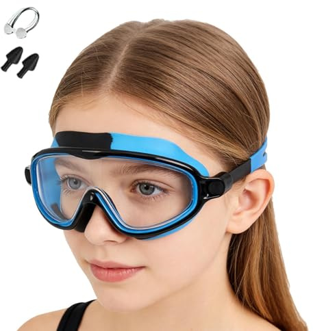 Genérico Occhialini da nuoto per bambini, con clip per naso e tappi per le orecchie e anti-appannamento, occhiali per bambini, per esterni, viaggi, piscina, spiaggia, ragazzi e bambini