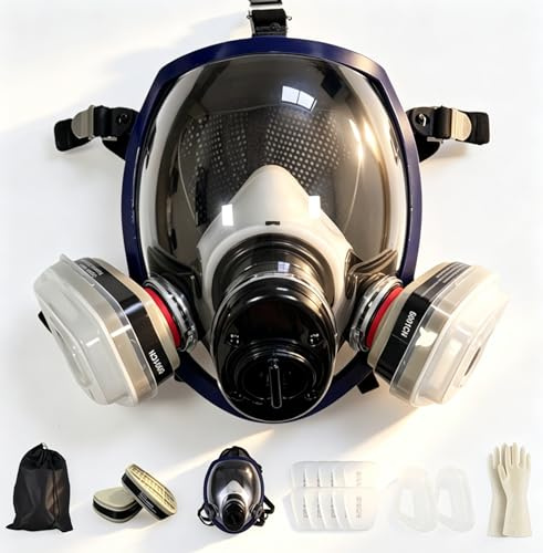 Andningsskyddsmask Full kemist med 10 filter,Full ansiktsmask Dammsk Återanvändbar dammskyddsmask för slipning Målning Polering Fint damm, Spraying, Kemikalier, DIY (RM77)