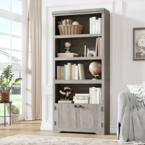 GarveeHome Armoire bibliothèque 5 Niveaux 175 cm, Design Ferme Moderne avec 2 Portes et étagères réglables - Largeur 60 cm