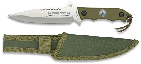 Cuchillo Horizon Satin Hoja 13,2 cm para Caza, Pesca, Camping, Outdoor, Supervivencia y Bushcraft Albainox 32105 + Portabotellas de regalo