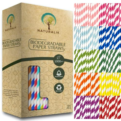 Naturalik 1000 Pack Multicolor Extra Durable Paper Straws Biodegradable - Premium Eco-Friendly Paper Straws Bulk- Drinking Straws for Juices, Restaurants and Party supplies, 7.7 (Multi-Color, 1000ct)