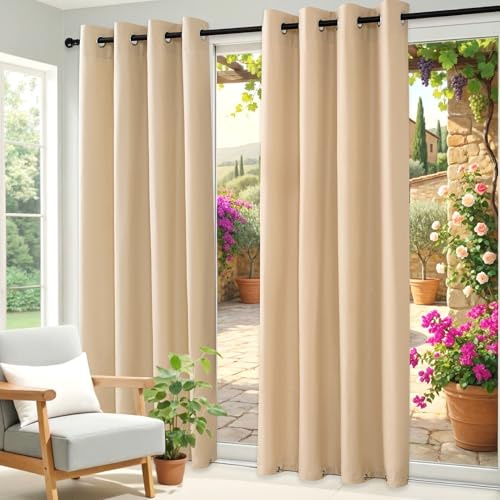 Clothink Outdoor Vorhänge Wasserfest Sonnenschutz Winddicht Rostfrei Schnelltrocknend mit Ösen für Terrasse Garten Balkon Familienhaushalte einfache Montage farbecht haltbar(255x215cm, 1 Stück, Beige)