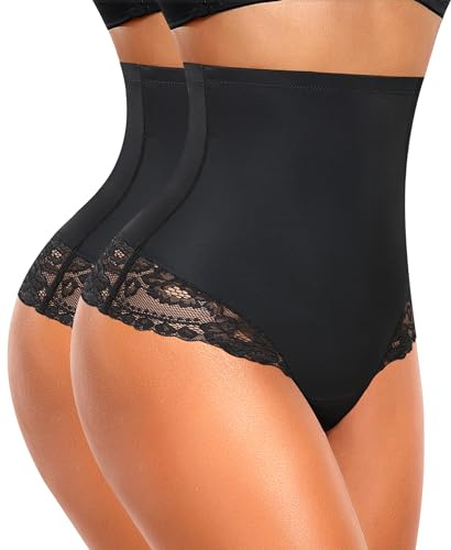 Werena Tummy Control Thong Shapewear For Women Seamless High Waist Shaping Thong Panties Body Shaper Girdle Underwear (#2 Pack Black,Small)