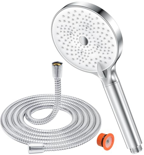 YEAUPE - Alcachofa de ducha con manguera (1,6 M), cabezal de ducha con filtro, 6 tipos de chorro, gran diámetro de 130 mm, cromado/blanco