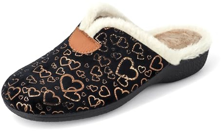 JOMIX Chaussons Femme Imprimée Cœur Chaussons Compensées Femme Chaussons Fourrure Femme Pantoufles Femme Doux Fabriqué en Espagne MD2408 (Noir, 39)