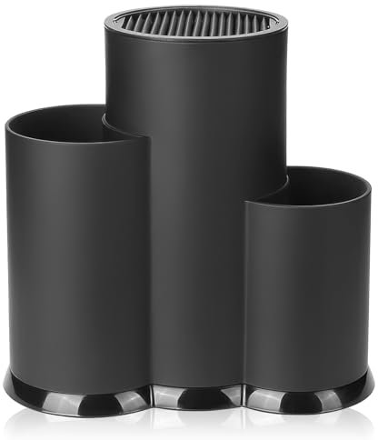 BTBHIHO Ceppo portacoltelli universale, 3 in 1, multifunzione, rotondo, portaposate, supporto rimovibile per coltelli da cucina, Nero, Plastica, Minimalista
