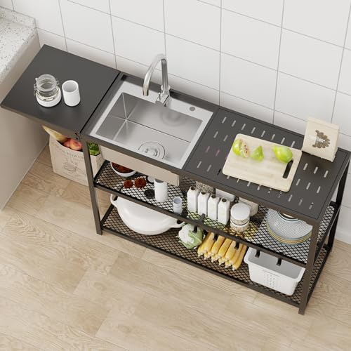 LUCKWIND 55 Inch Freestanding Kitchen Utility Sink with Stainless Steel Single Bowl, Foldable Countertop and Cold & Hot Water Faucet for Farmhouse, Garage, Outdoor, Laundry and Commercial Use