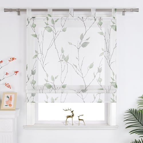 Joyswahl Tenda a pacchetto con passanti, stile rustico, per soggiorno, finestra, trasparente, con motivo a foglie e fiori, 60 x 140 cm, verde, confezione da 1 pezzo