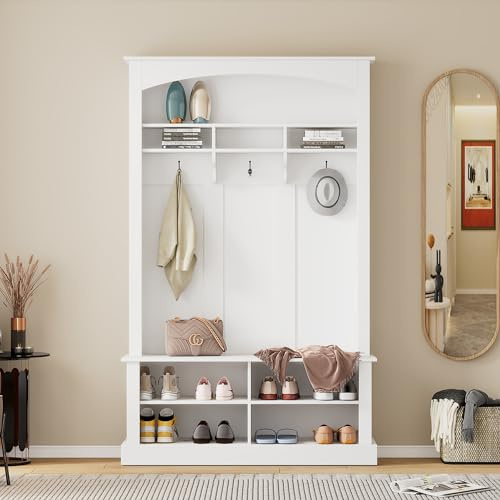 KecDuey Ensemble vestiaire avec banc et étagère à chaussures, banc de rangement multifonctionnel, avec 3 crochets suspendus, espace de rangement ouvert, rangement rectangulaire et étagères (blanc)