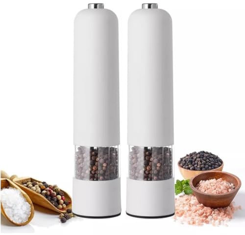 Paluplus 2 Macina Sale e Pele Elettrico, Misura 5x22 cm, Macinapepe con Rotella per Regolare la Macina, per Sale, Pepe e Spezie, Potenza 10W -773F (Bianco)