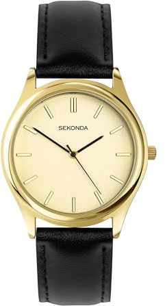 Sekonda Classic Evans Herrenuhr 38 mm Gold mit schwarzem Lederband und Champagner-Zifferblatt