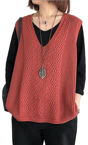 RWGSNB Chaleco para Mujer, Chaleco Crochet Mujer Top Corto Punto Malla Calada Sin Mangas Suéter Fino Jersey Cuello en V Informal Verano Holgado para Playa Rojo L