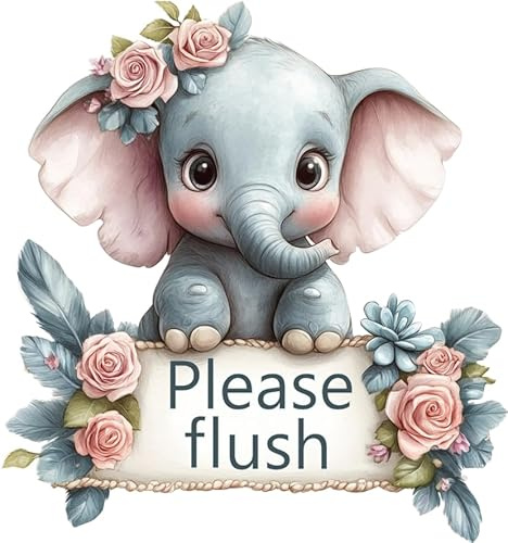 Cute Elephant Flower Vinyl Decal Sticker, Cover Marks, Kids Toilet Art 20cm | Opaque Finish, No White Edges, Weatherproof, UK Manufactured, Rose Theme, Please Flush Bathroom Styling For Walls And Tiles