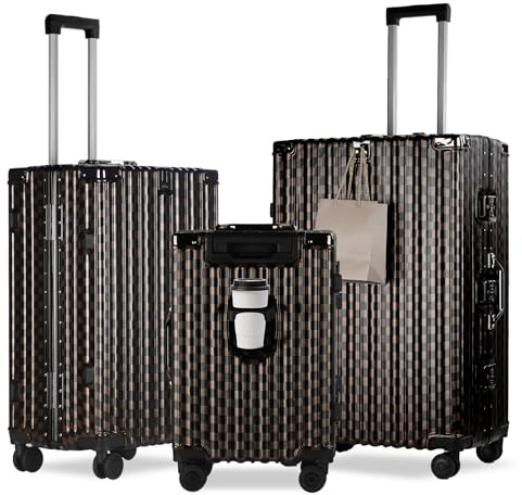 HOMELUX Kofferset 3 Teilig Braun Schachbrettmuster Hartschale Reisekoffer ABS Leicht Trolley Rollkoffer Hartschalenkoffer Set - M-L-XL