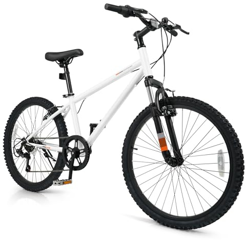 Goplus Mountain Bike, 20/24 Inch Kids Bicycle w/ 6-Speed Drivetrain, Suspension Fork, Dual Brakes, Adjustable Seat, Outdoor Cycling Children City Bike for Boys Girls (24Inch,White)
