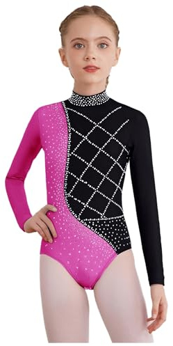 Freebily Maillot Brillant De Gimnasia Ritmica Niña Body Mangas Largas con Lentejuelas Mono Patinaje Artístico Body De Bailarina Rosa Caliente 13-14 años